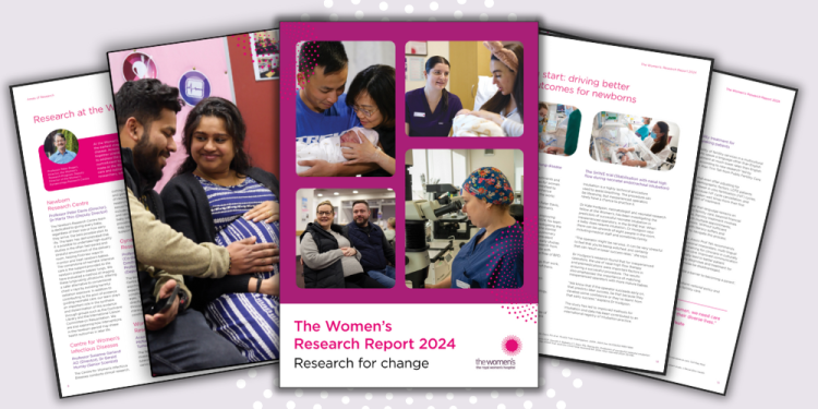 Collage featuring the cover of The Women's Research Report 2024: Research for Change, surrounded by pages from the report. 