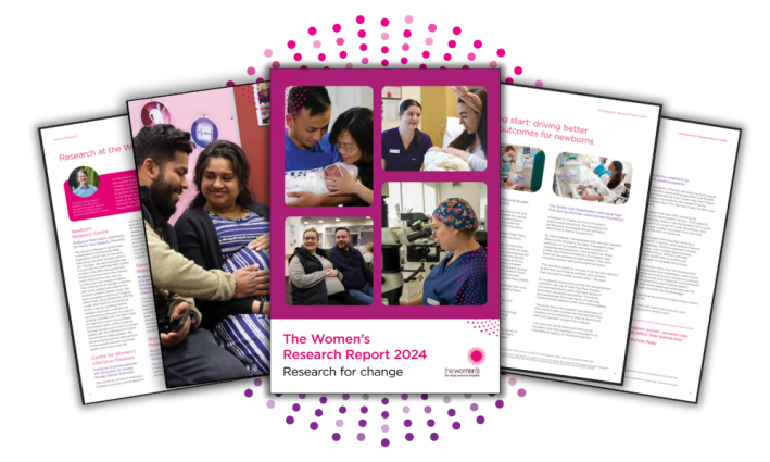 Sample of the Research Report cover and what's inside. Highlights of the year including researchers and hospital staff and patients.