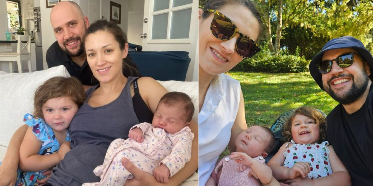 Two sets of family images shown. On the left, there is mum Lara Scott, cuddling her daughters Ada and Elsie. In the background, dad Tyrone c