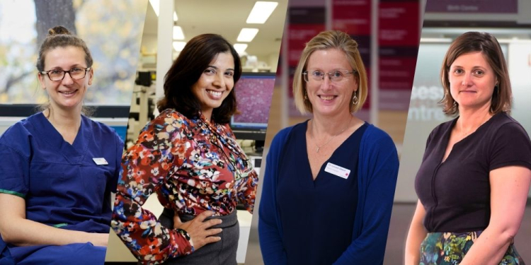 Four women in professional attire standing side by side in different clinical and research settings.