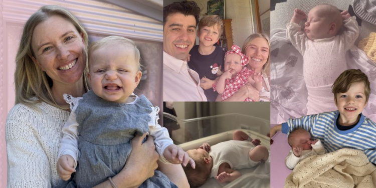 Collage of five photos. Images include an adult holding a baby outdoors, a group selfie with two adults, a young child and a baby, a newborn