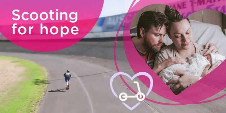 A promotional image for “Scooting for Hope” featuring Rob Saunders riding a kick scooter on a curved outdoor track. 