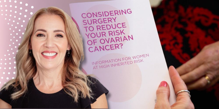 A person holds a pamphlet titled 'Considering surgery to reduce your risk of ovarian cancer? Sarah Powell is depicted on the left. 